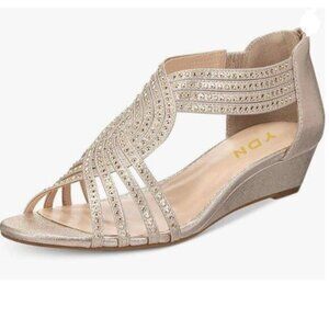 YDN Gold Wedge Glitter Open Toe Rhinestones Cross Over Straps Back Zip Sandals